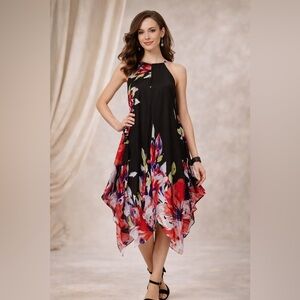 INC Black Floral Sun Dress Sz 8 Chiffon Handkerchief Hem Flowy Feminine Party